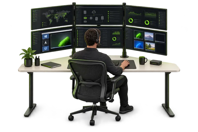 Ilustração de um profissional de TI em uma estação moderna com seis monitores para acesso remoto, monitoramento e gestão de dispositivos.
